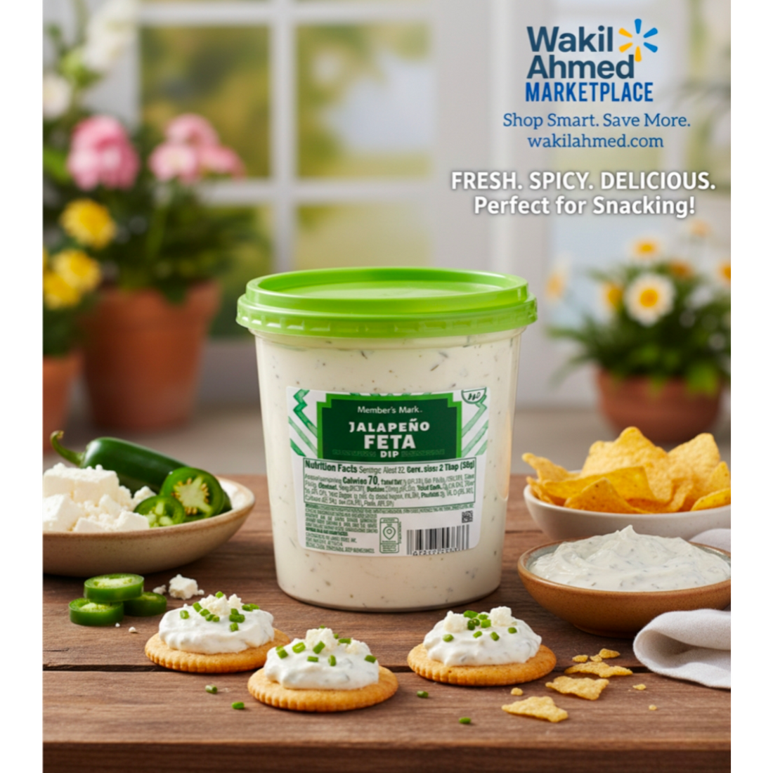   بِسْمِ ٱللَّٰهِ ٱلرَّحْمَٰنِ ٱلرَّحِيمِ
Container of Jalapeño Feta with snacks on a table, featuring Wakil Ahmed Marketplace.