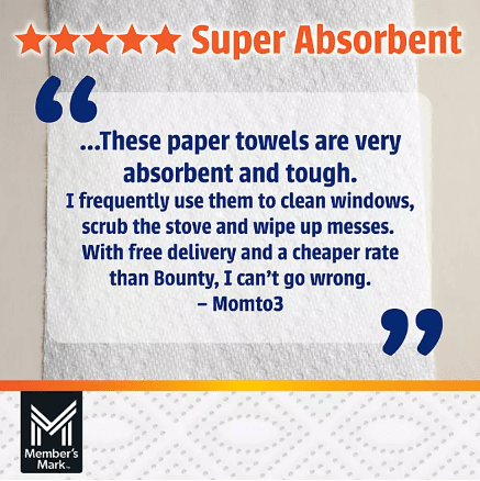 Member’s Mark Select & Tear 2-Ply Paper Towels 15 Mega Rolls.