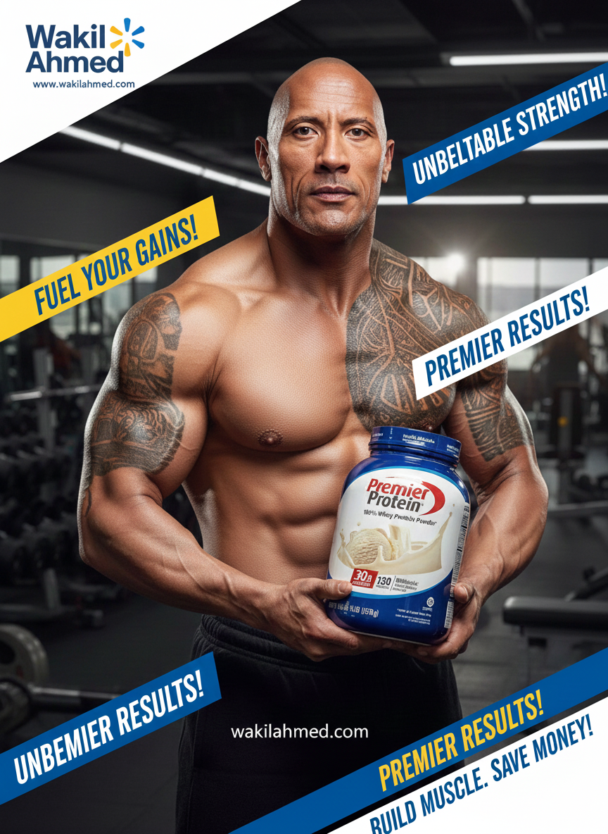 Dwayne Johnson holding a protein supplement in a gym setting with promotional text and Wakil Ahmed branding.