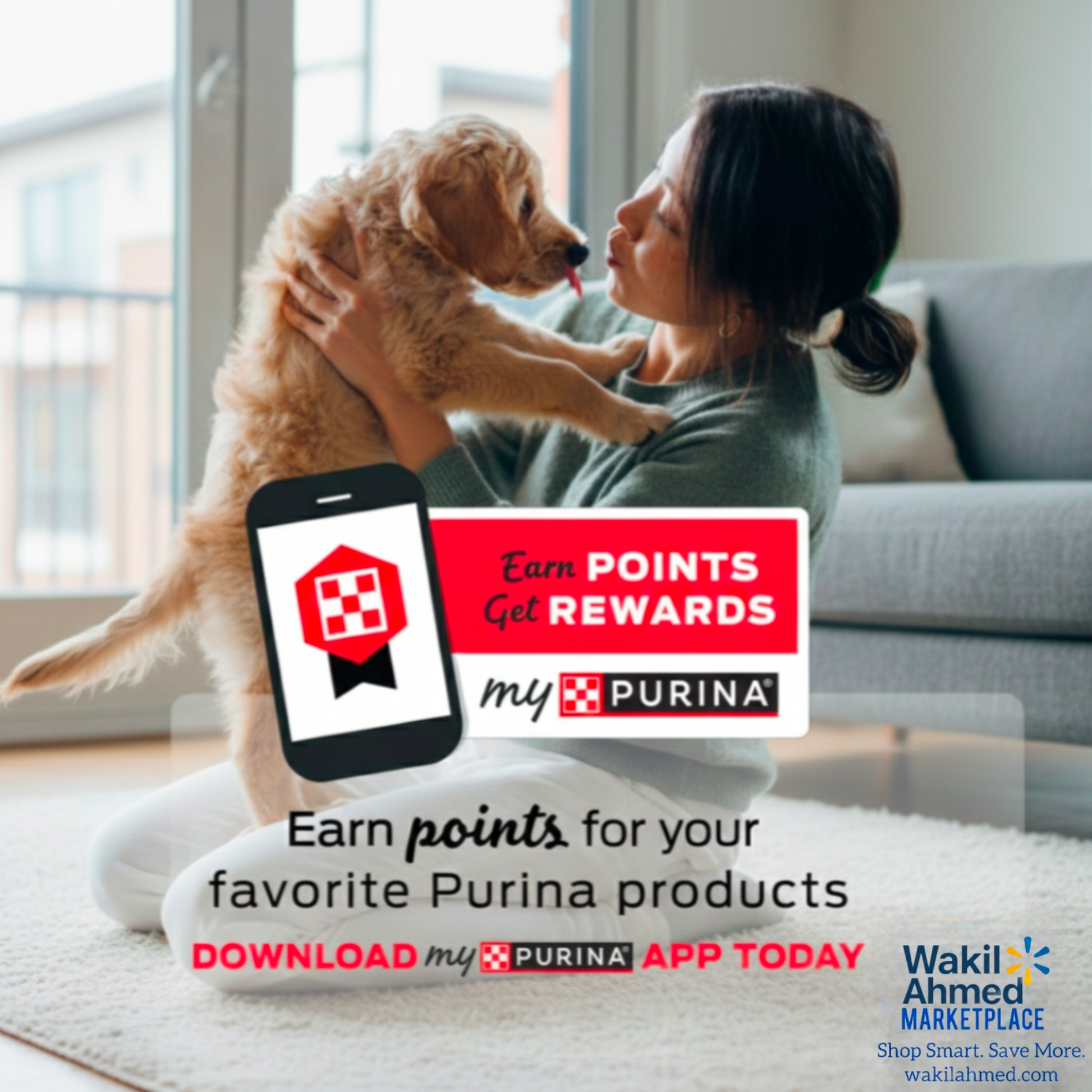Woman playing with a puppy in a living room, with Purina app promotion overlay.