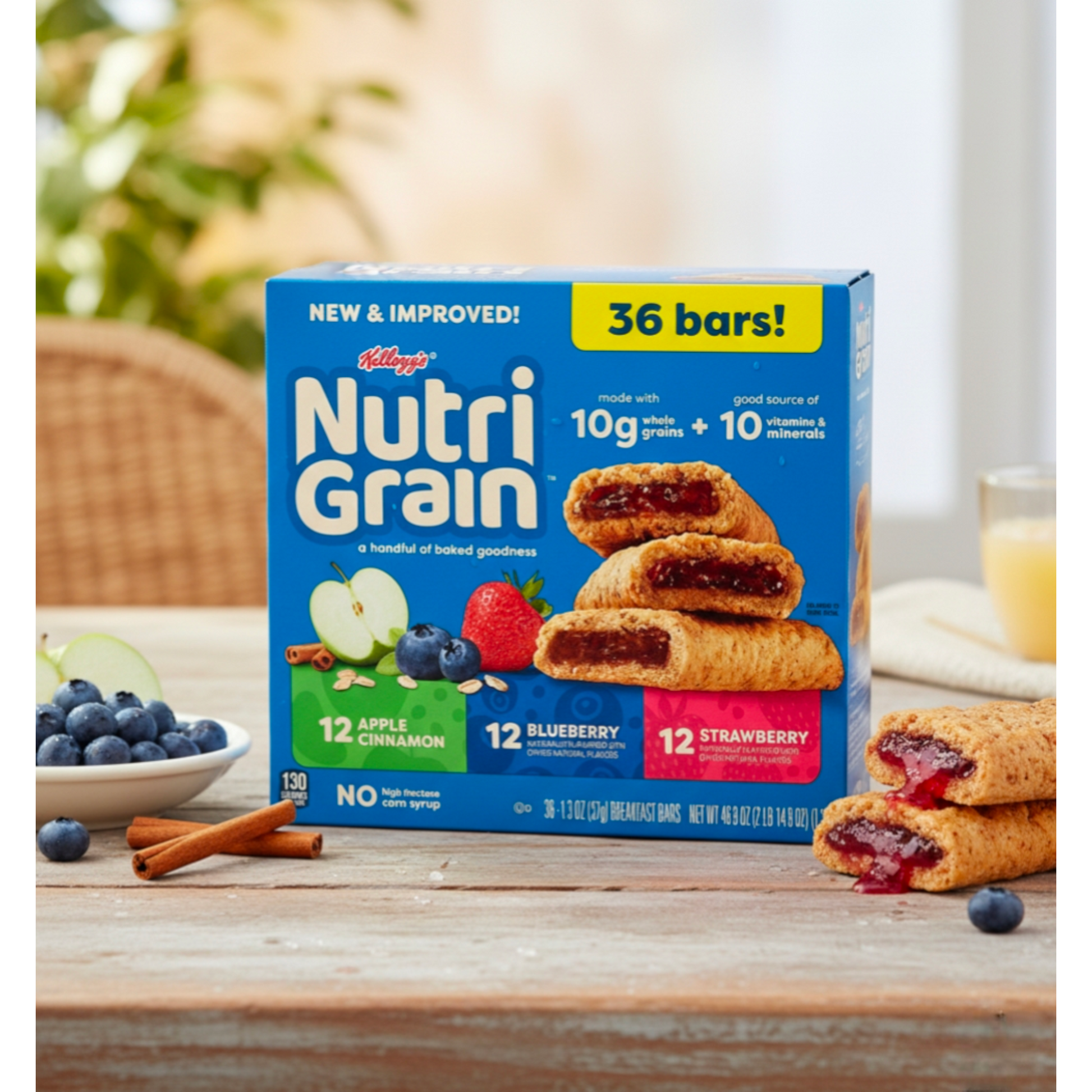 Box of Kellogg's Nutri-Grain bars on a table with fruit and a plant in the background