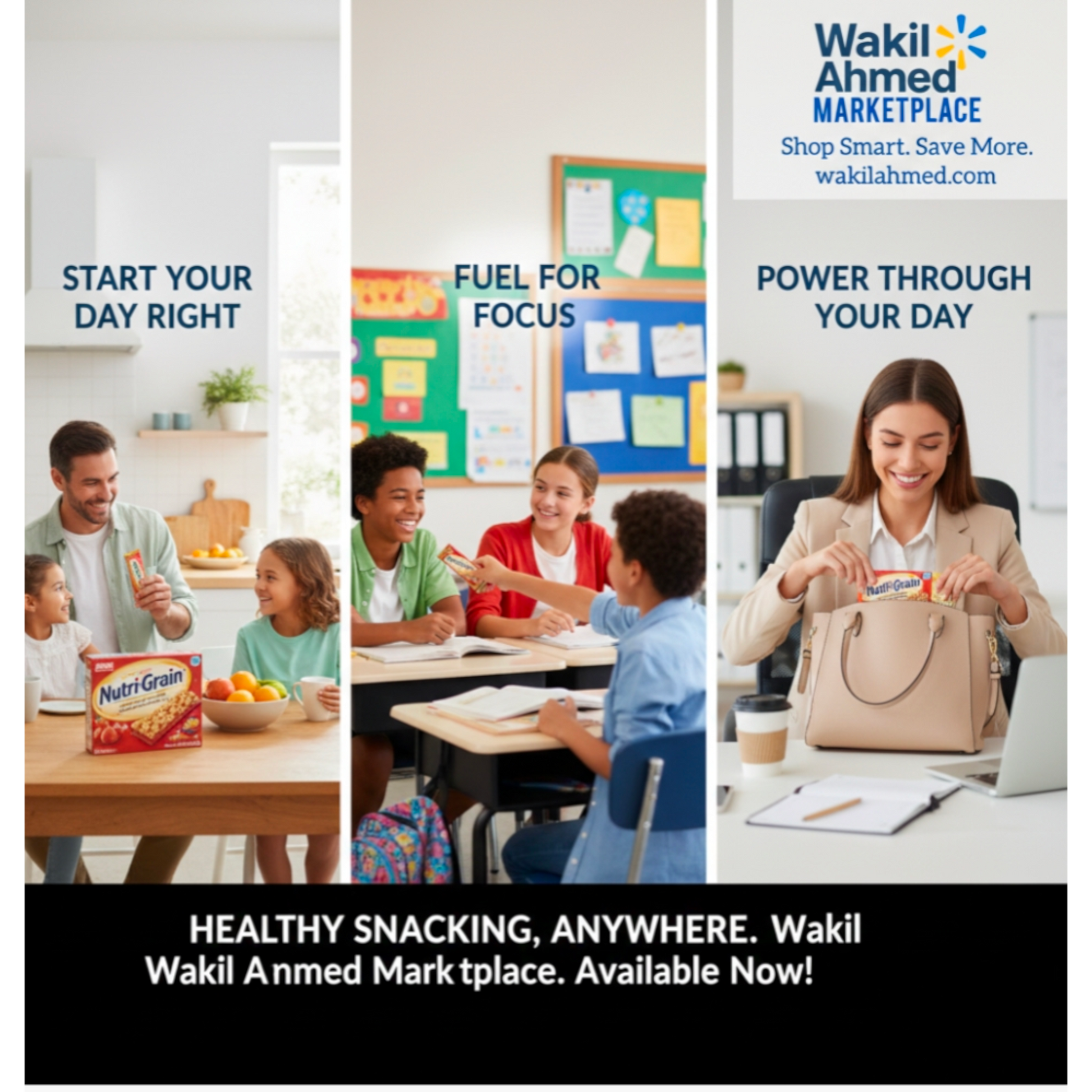 Advertisement for Wakil Ahmed Marketplace featuring people in various settings with snacks.