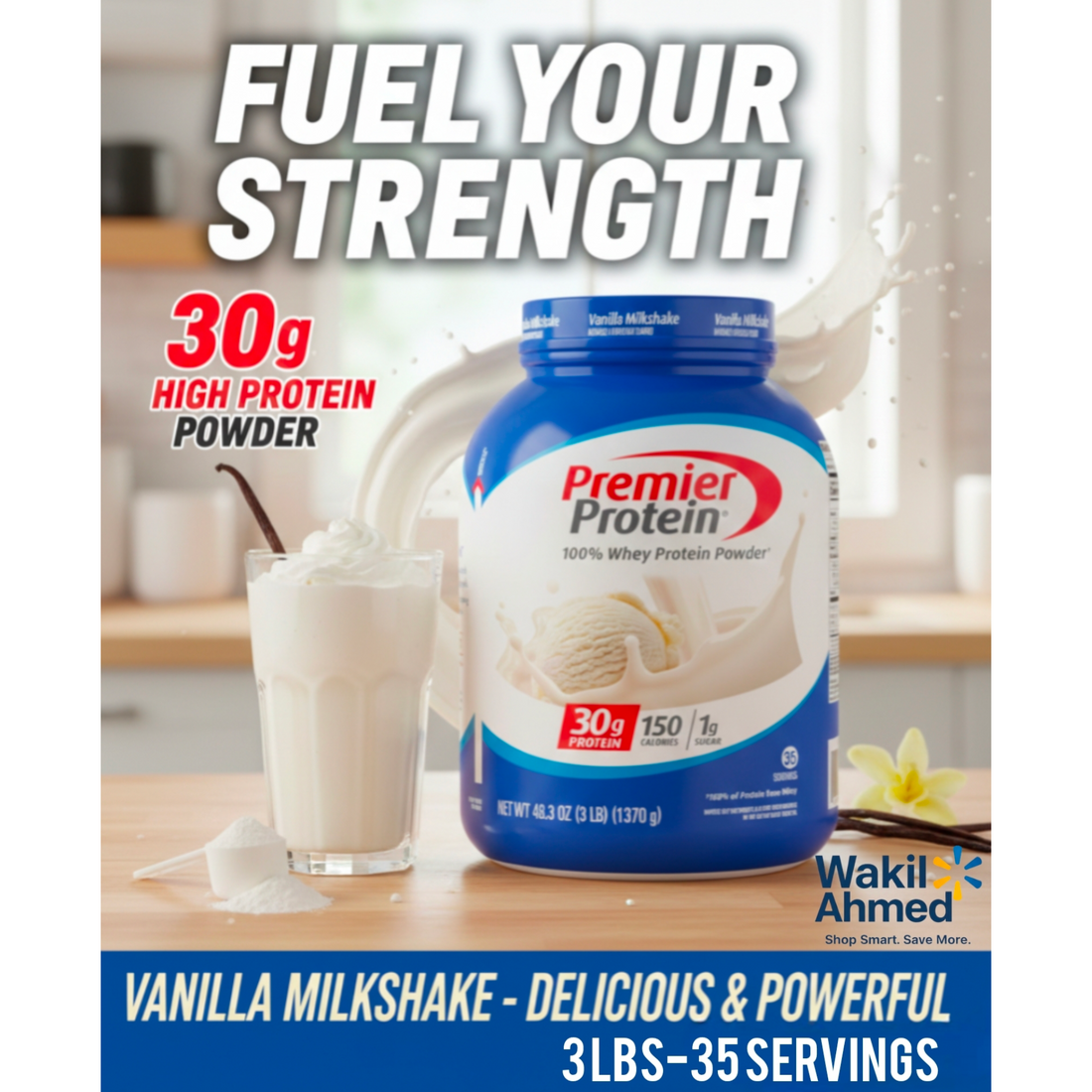 Premier Protein vanilla milkshake powder container with a glass of milkshake on a kitchen counter.