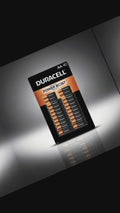 Video showing the Duracell AA 40-pack, a single Duracell AA battery on a glowing pedestal, and the back of the packaging with a 12-year guarantee.