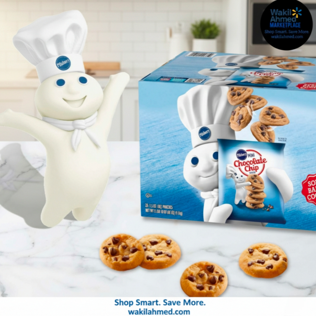 Box of Pillsbury Chocolate Chip cookies with cookies on a table and Wakil Ahmed Marketplace logo.