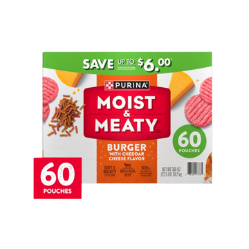 Purina Moist & Meaty burger with cheddar cheese flavor packaging on a white background