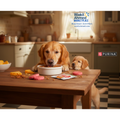 Two dogs at a kitchen table with food, featuring Wakil Ahmed Marketplace and Purina logos.