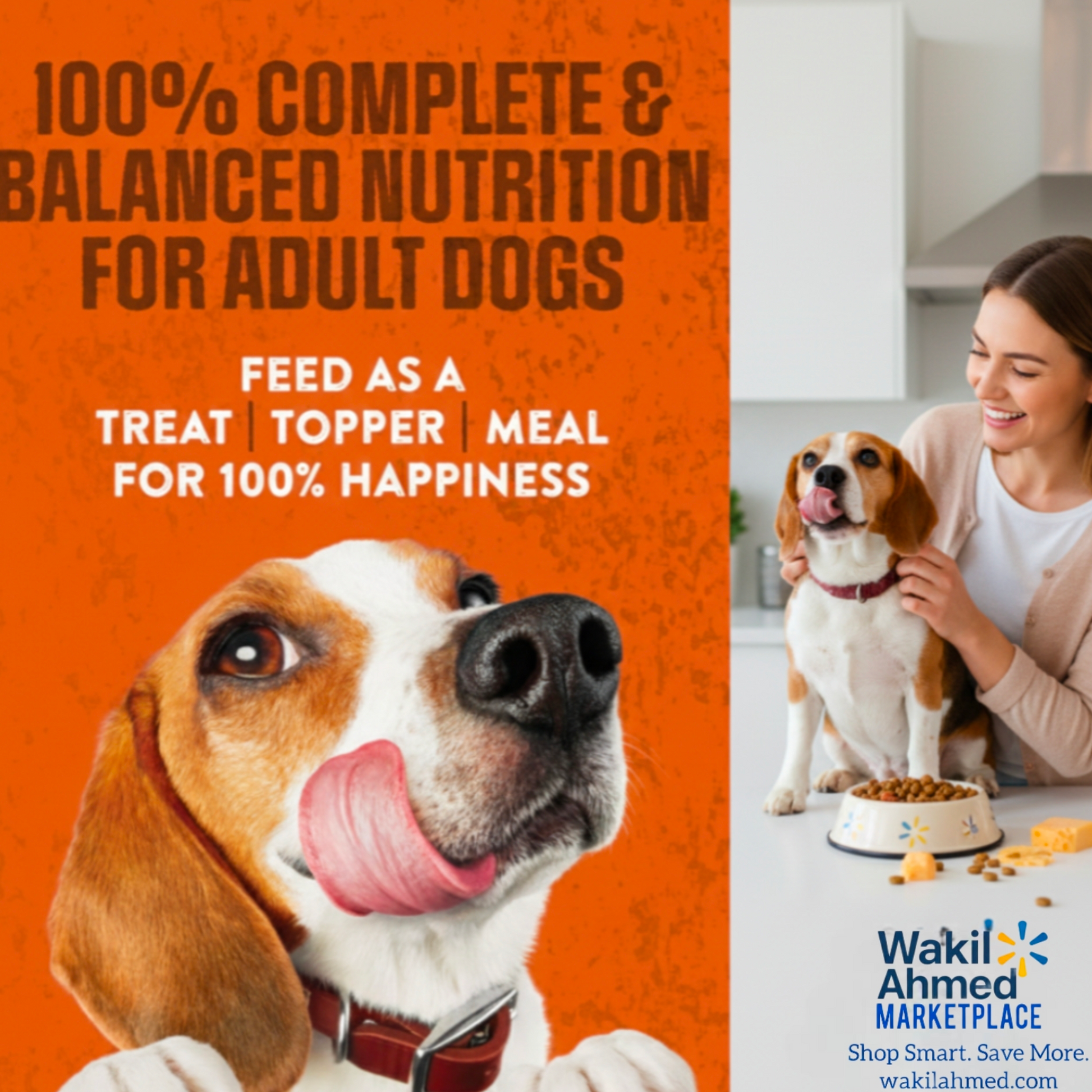 Dog food advertisement with a dog and a woman in a kitchen, featuring text about complete and balanced nutrition.