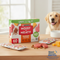 Box of Purina Moist & Meaty dog food with a dog in the background