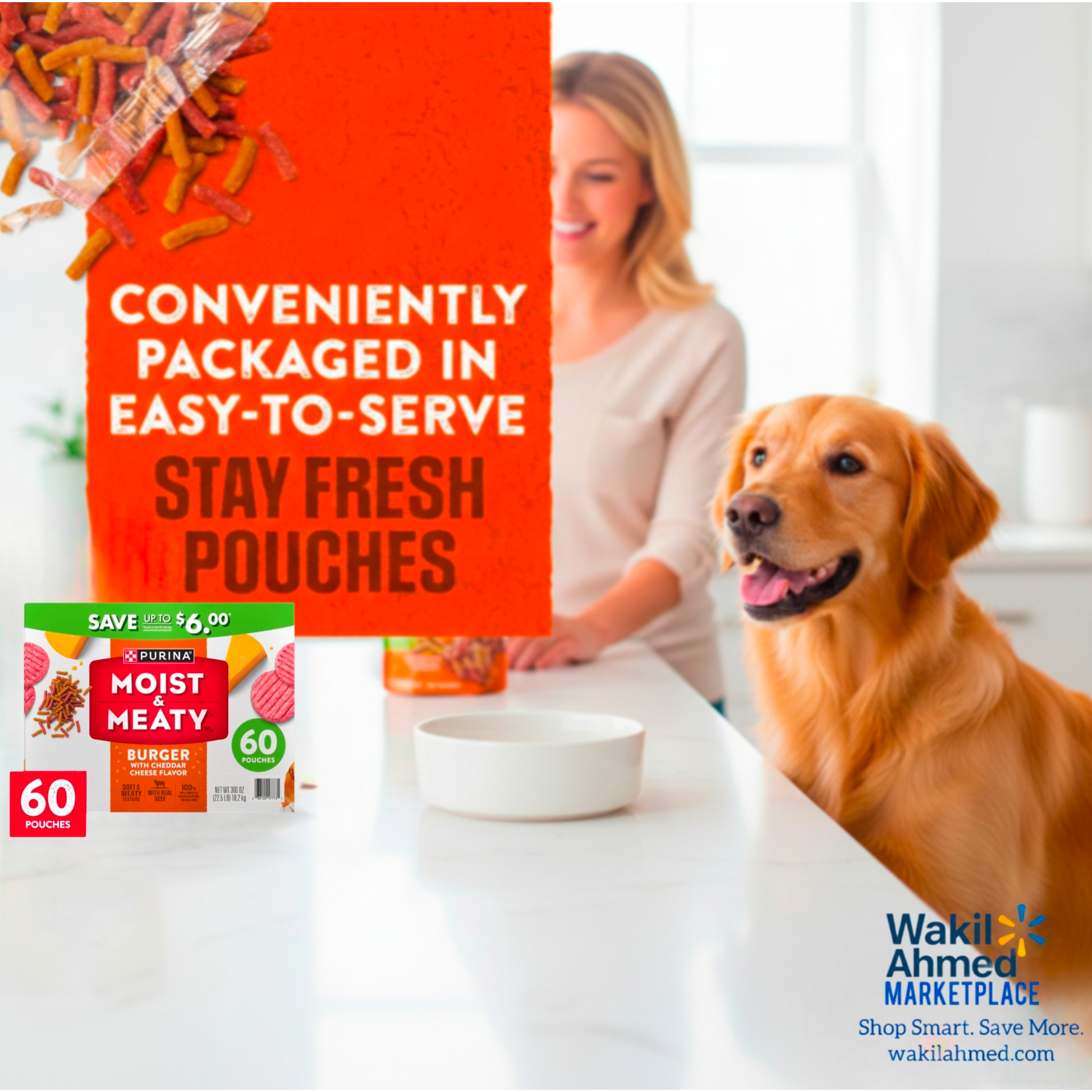 Woman with a dog in a kitchen setting, featuring dog food packaging and text about convenient packaging.