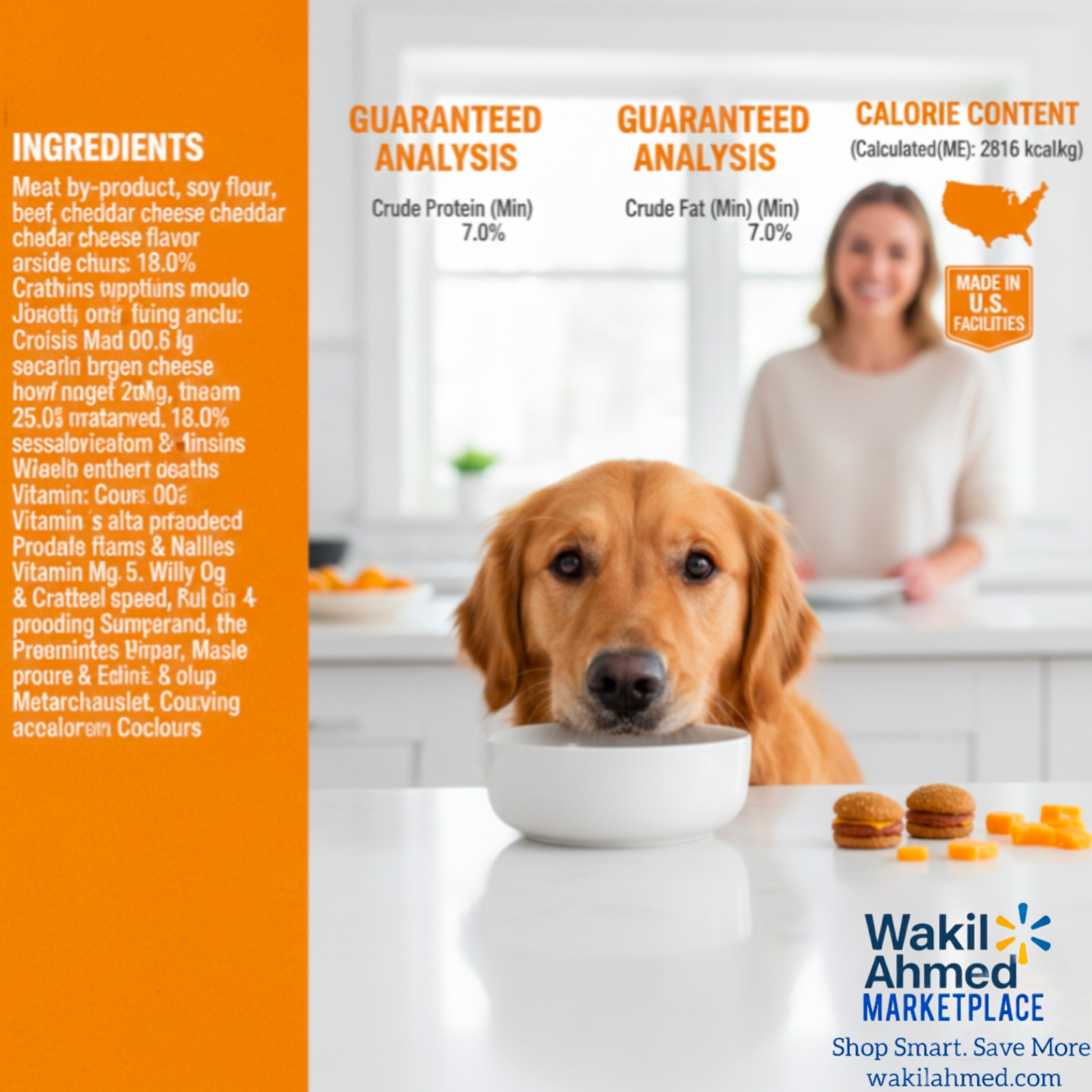Dog food packaging with a dog in front, ingredients list, guaranteed analysis, and calorie content displayed.