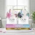 Olay Fresh Radiance Body Wash, 2-Pack with rose water, sweet nectar, birch water, and lavender on display.