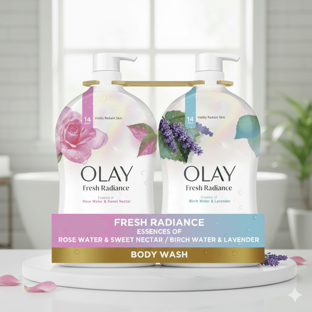 Olay Fresh Radiance Body Wash, 2-Pack with rose water, sweet nectar, birch water, and lavender on display.