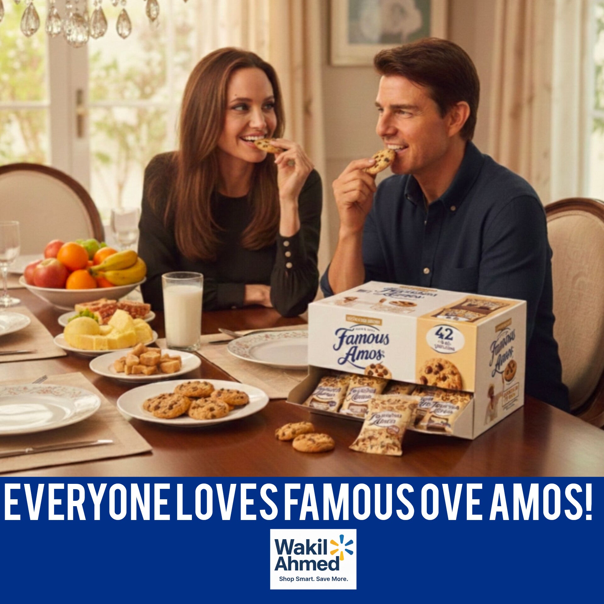 Man and woman eating cookies at a table with a box of Famous Amos cookies in the foreground.