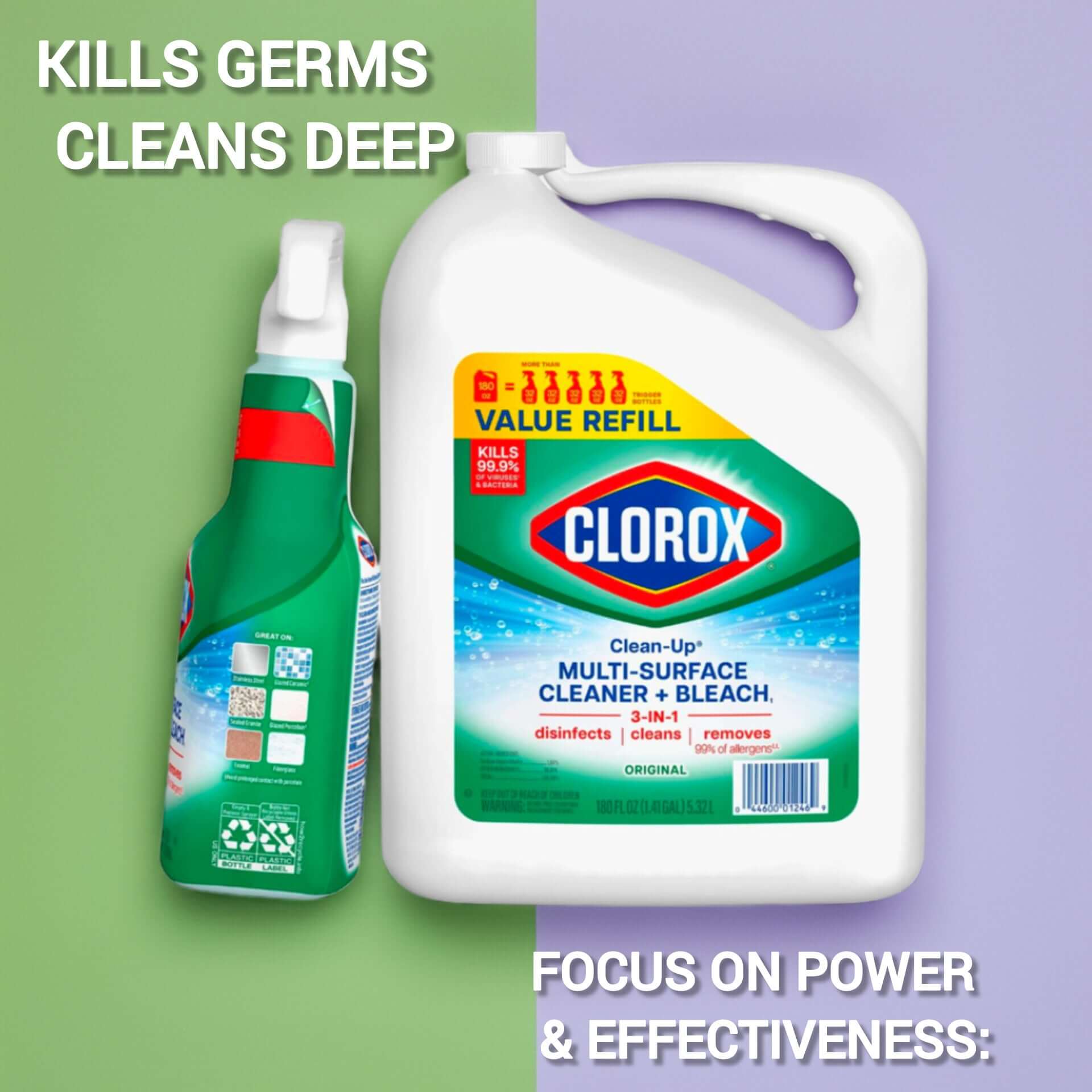 Clorox All-Purpose Cleaner with Bleach Spray and Refill Pack for tough stain removal and germ killing.