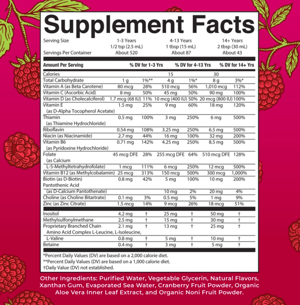Healthy raspberry-flavored vegan multivitamin supplement chart 
