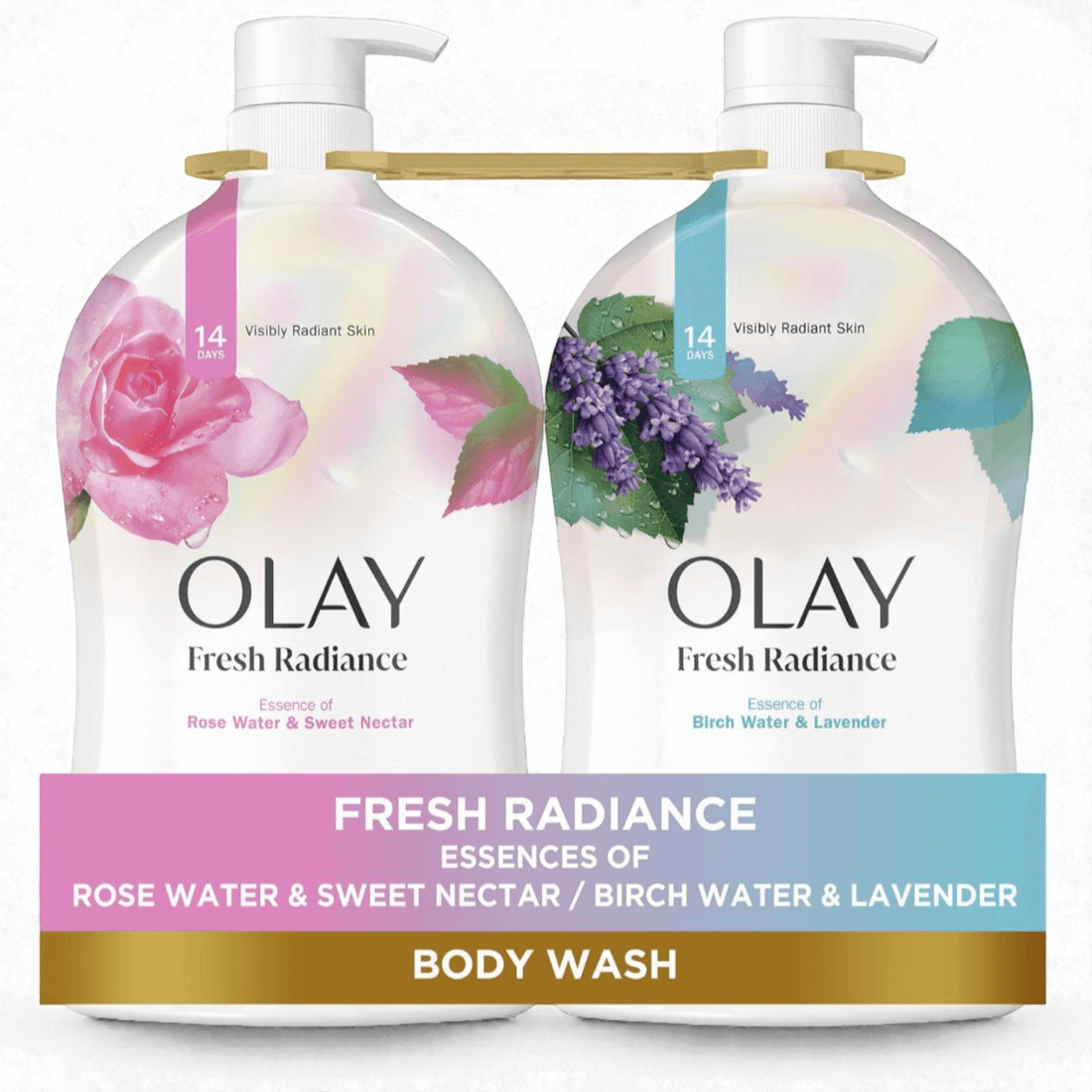 Olay Fresh Radiance Body Wash, 2-pack with rose water, sweet nectar, birch water and lavender scents.