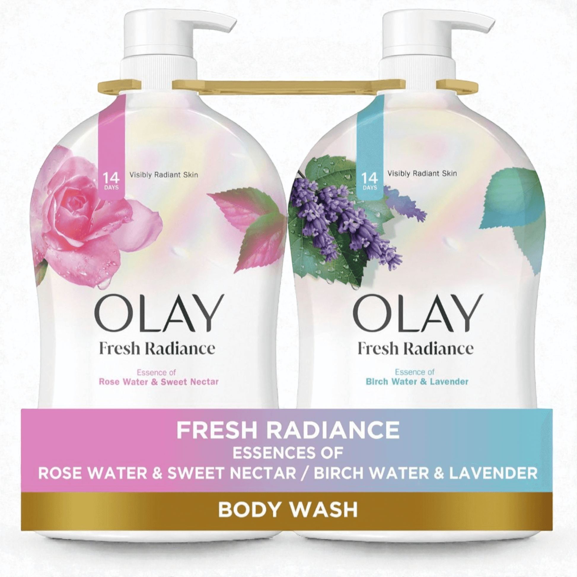 Olay Fresh Radiance Body Wash, 2-pack with rose water, sweet nectar, birch water and lavender scents.