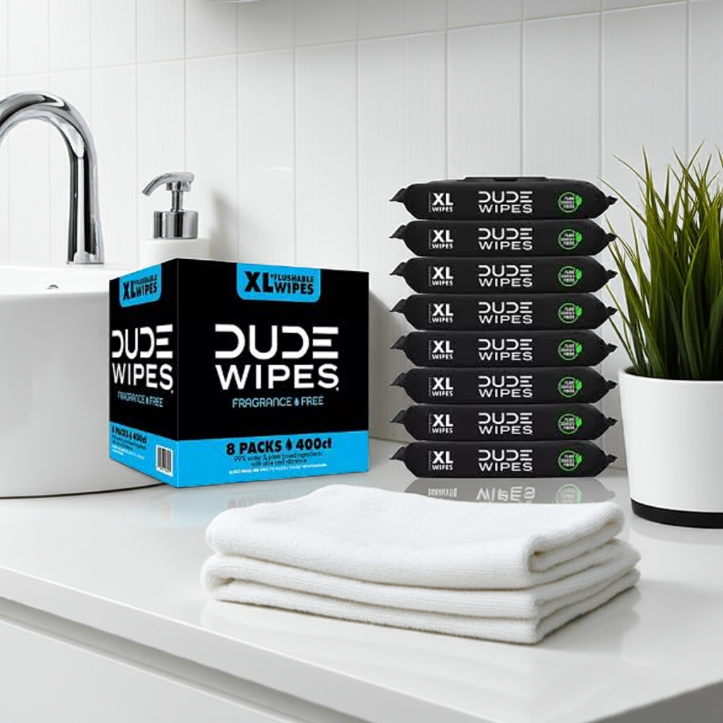 "DUDE Wipes XL displayed on a clean bathroom counter with a modern sink, soft white towels, and fresh green plants — simple, fresh, and hygienic."