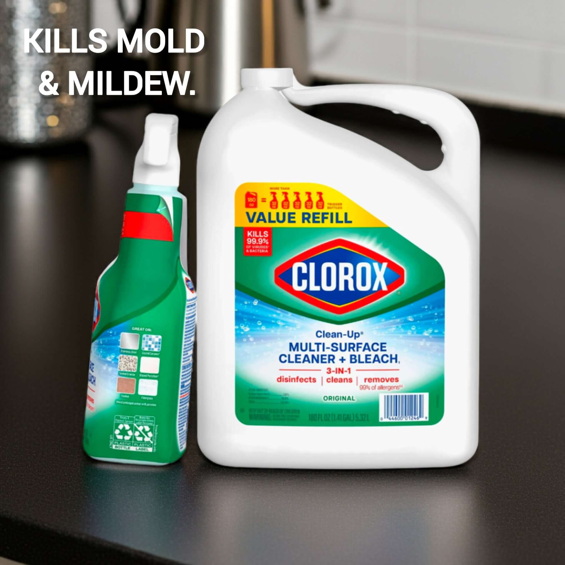 Clorox All-Purpose Cleaner with Bleach spray and refill pack on a kitchen counter, effective for tough stains and disinfecting.