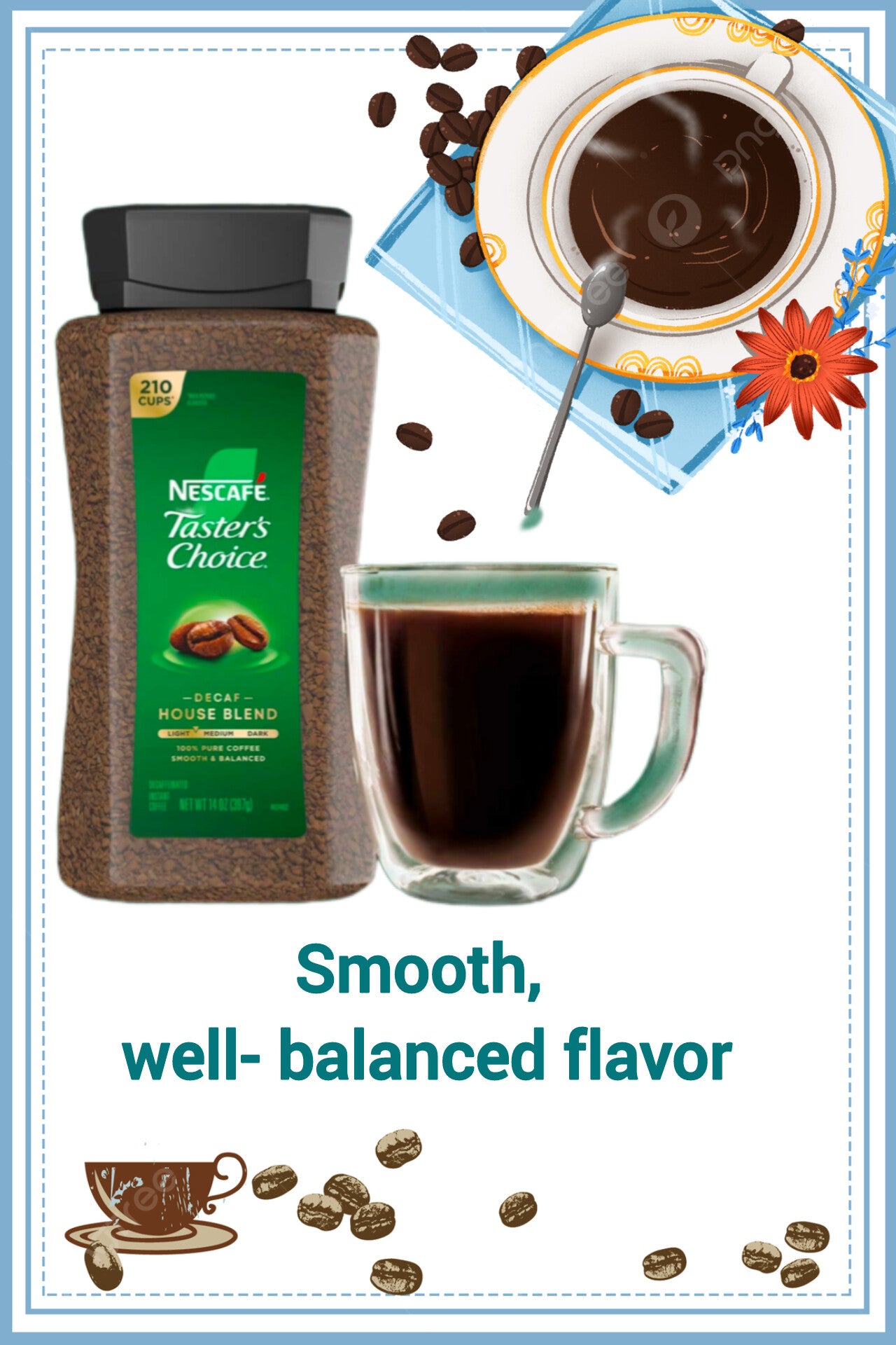NESCAFE Taster's Choice Decaf House Blend instant coffee packaging, highlighting 210 cups, 190% pure coffee, with text promoting 'smooth, well-balanced flavor' and 'Month Alliance Called.
