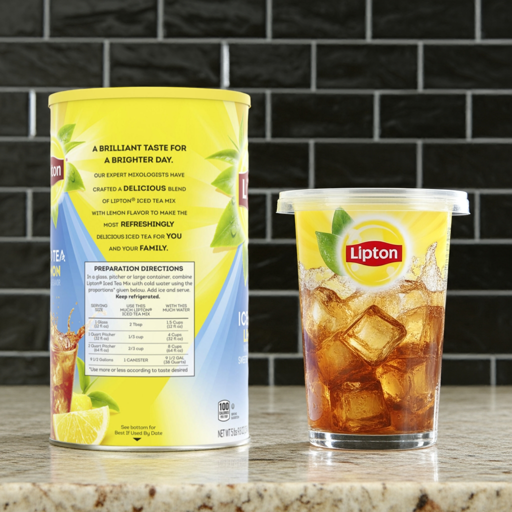 Lipton® Iced Tea Mix packaging with bold text promoting lemon flavor, preparation directions, mixing ratios, and detailed nutrition facts including calories and sugar content.
