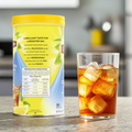 Lipton® lemon iced tea mix label with instructions to combine powder and water, serving sizes, and a 'Brighter Day' slogan. 