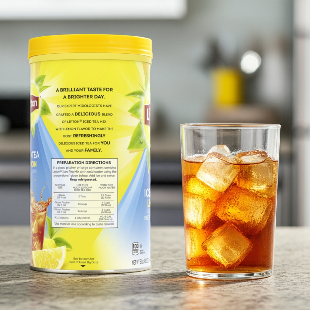 Lipton® lemon iced tea mix label with instructions to combine powder and water, serving sizes, and a 'Brighter Day' slogan. 