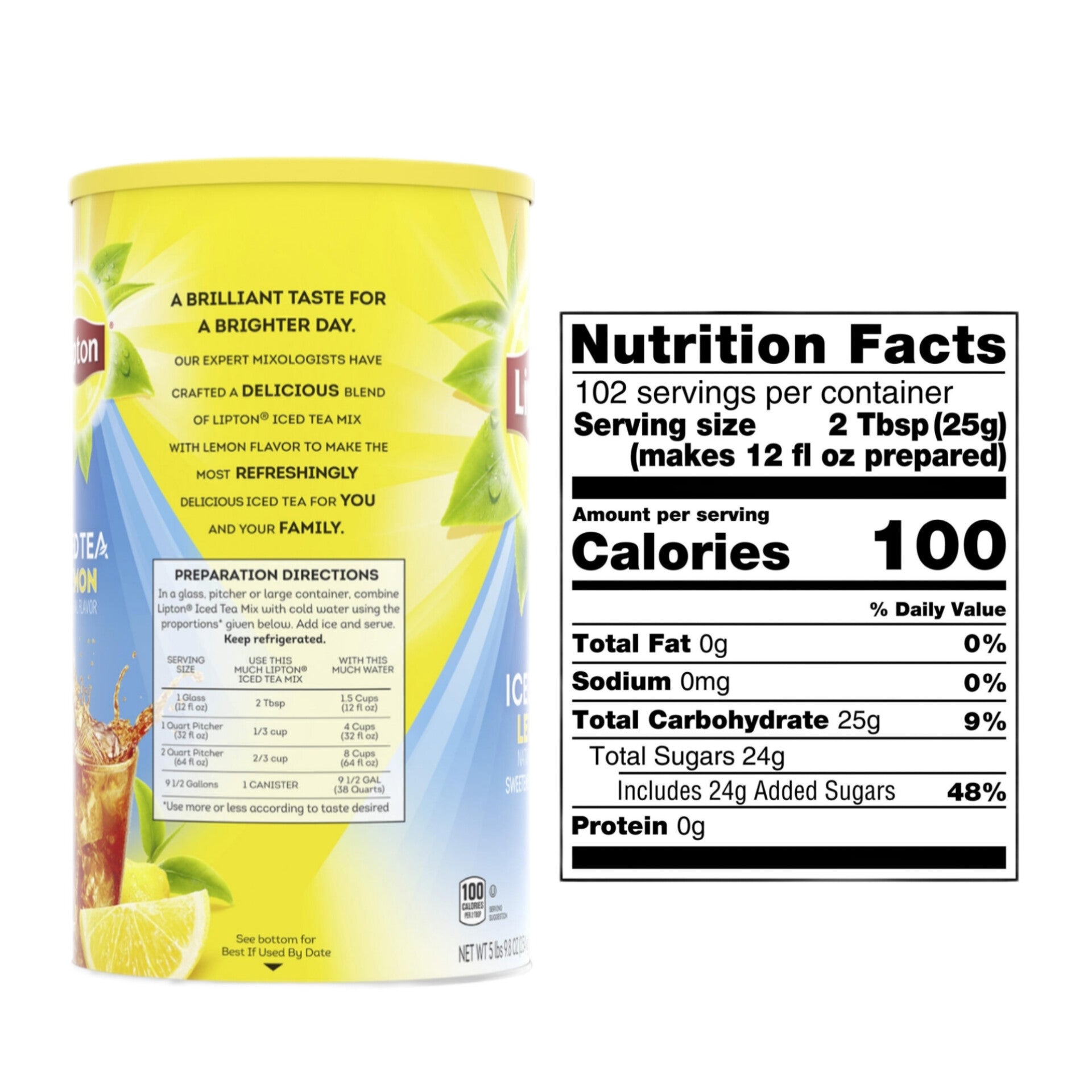 A bright yellow and blue Lipton® Iced Tea Mix package featuring a table with measurements for 1 glass (2 Tbsp mix + 12 oz water), 1 quart (1/3 cup + 32 oz), 2 quarts (2/3 cup + 64 oz), and 9.5 gallons (1 canister). Includes nutrition facts like 100 calories per serving.