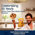 Promotional image for Famous Amos cookies celebrating 50 years, featuring a person holding a cookie and a package of cookies.