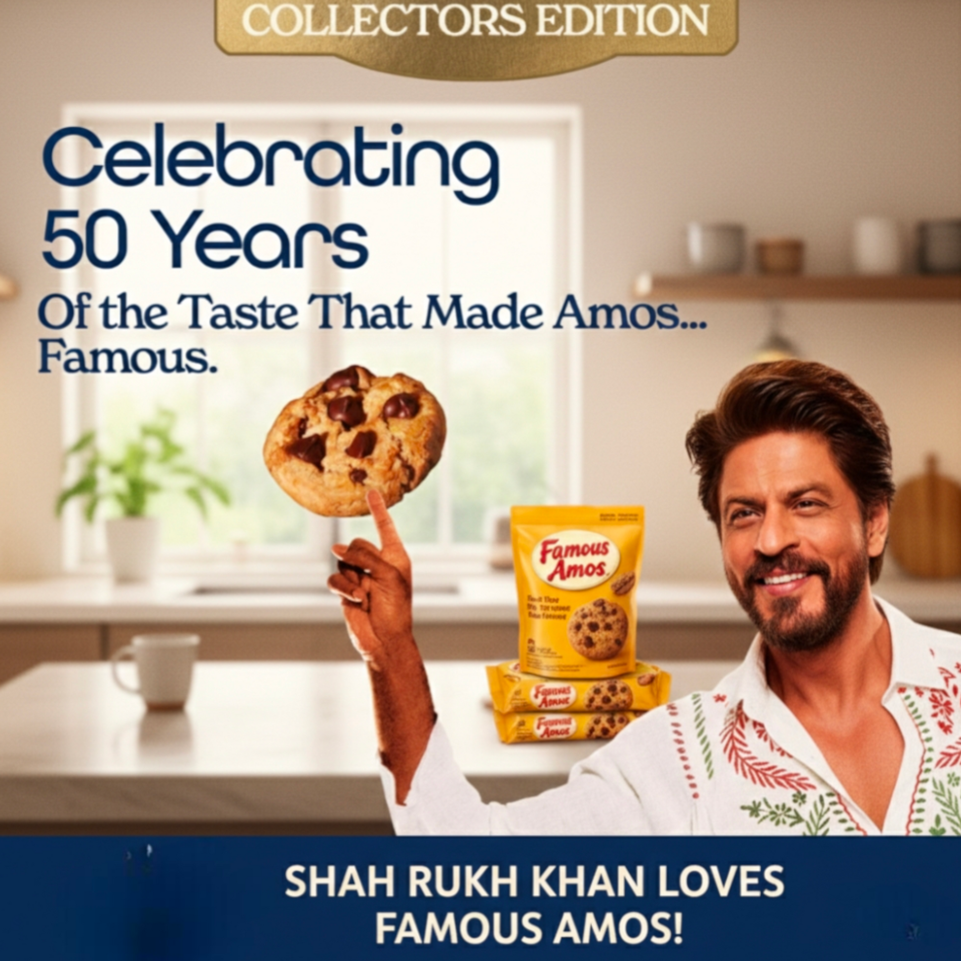 Promotional image for Famous Amos cookies celebrating 50 years, featuring a person holding a cookie and a package of cookies.