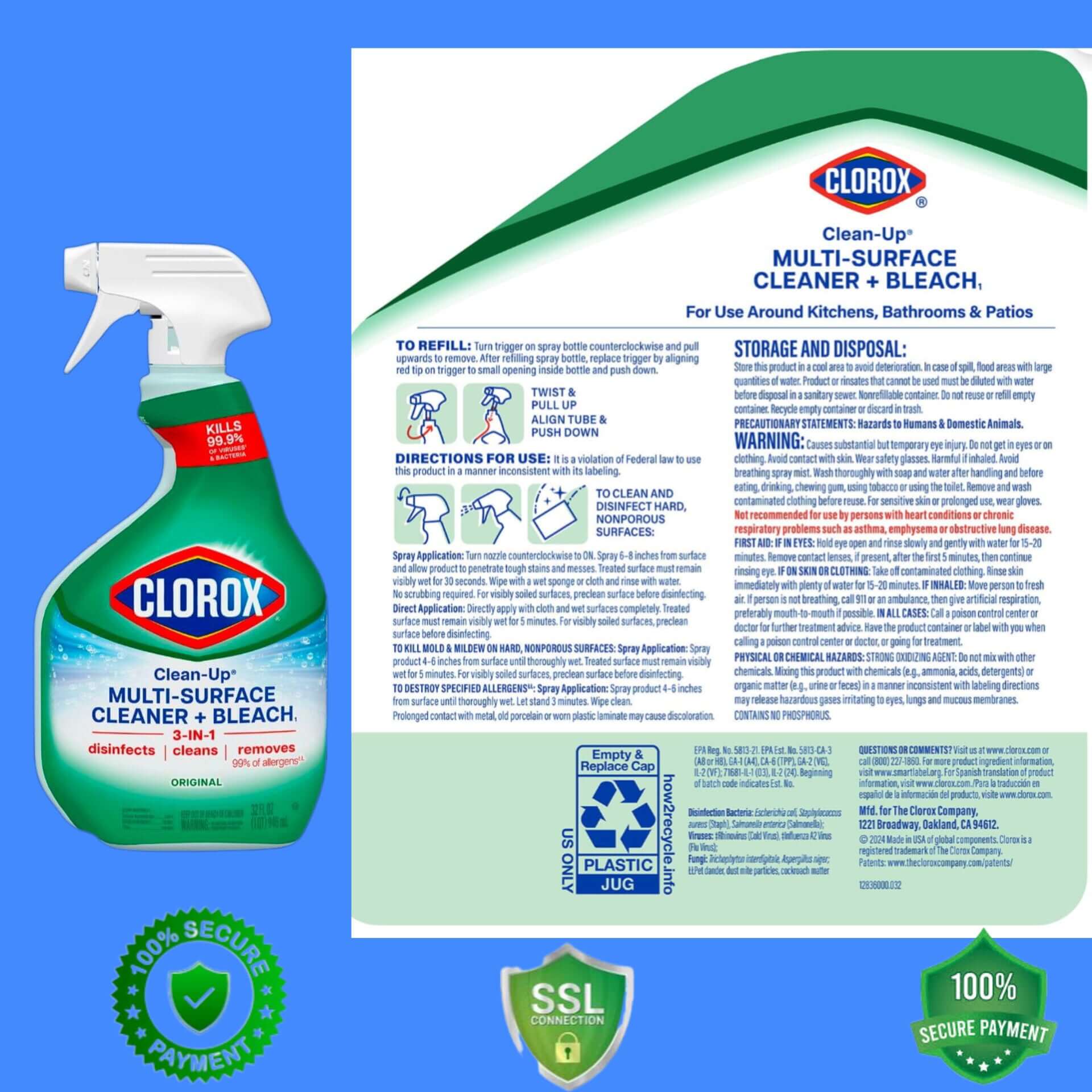 Clorox All-Purpose Cleaner with Bleach spray and refill pack, effective at removing tough stains and disinfecting surfaces.