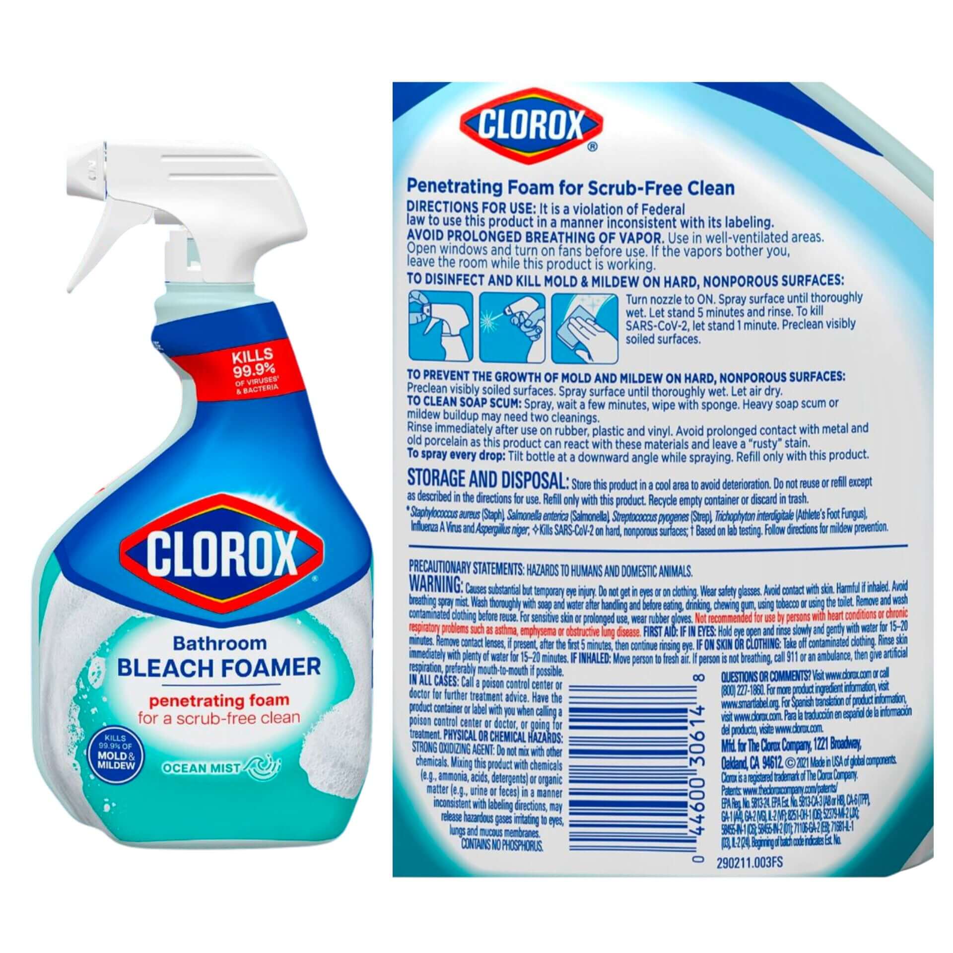 Clorox Bathroom Bleach Foamer Ocean Mist spray bottle for cleaning, disinfecting, and mold removal with penetrating foam.