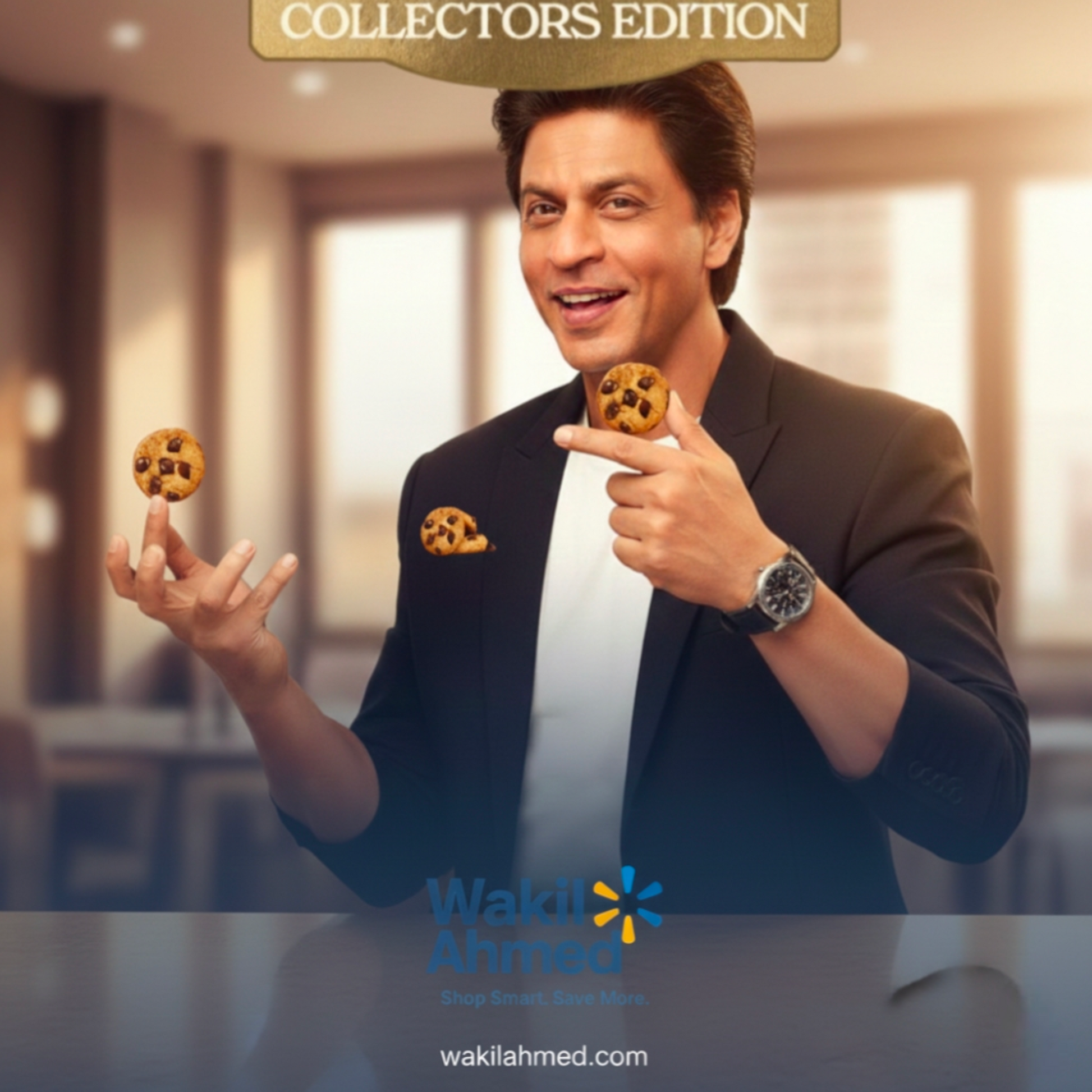 Shah Rukh Khan in a suit holding cookies with 'Wakil Ahmed' branding