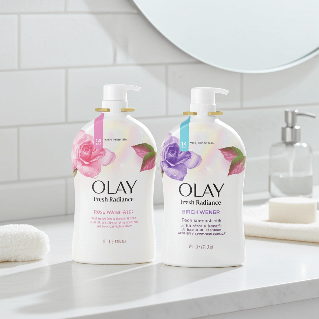 Olay Fresh Radiance Body Wash Vitamin B3 in Rose Water and Birch Water scents, displayed on a bathroom countertop.