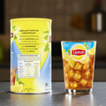 Close-up of Lipton® Iced Tea Mix label with preparation table for glasses, pitchers, and large containers, highlighting lemon flavor and family use.