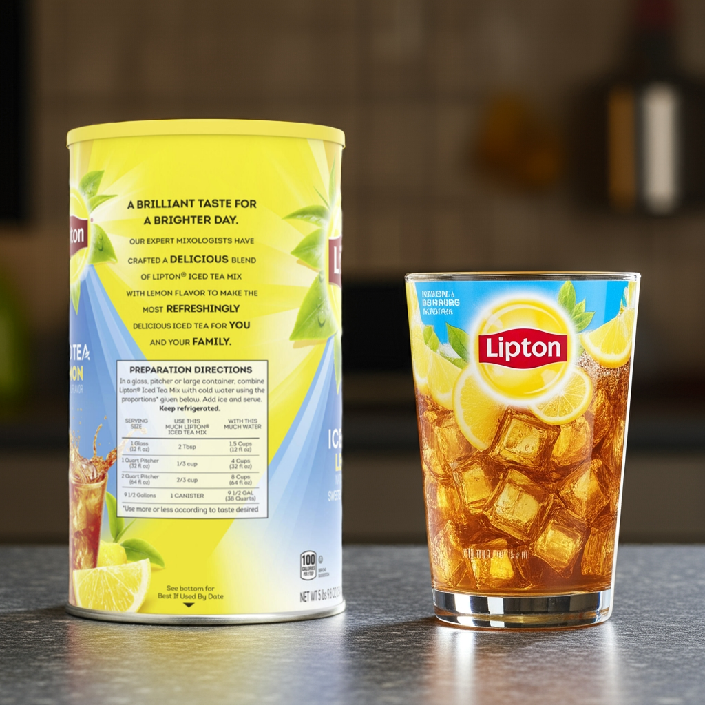 Close-up of Lipton® Iced Tea Mix label with preparation table for glasses, pitchers, and large containers, highlighting lemon flavor and family use.