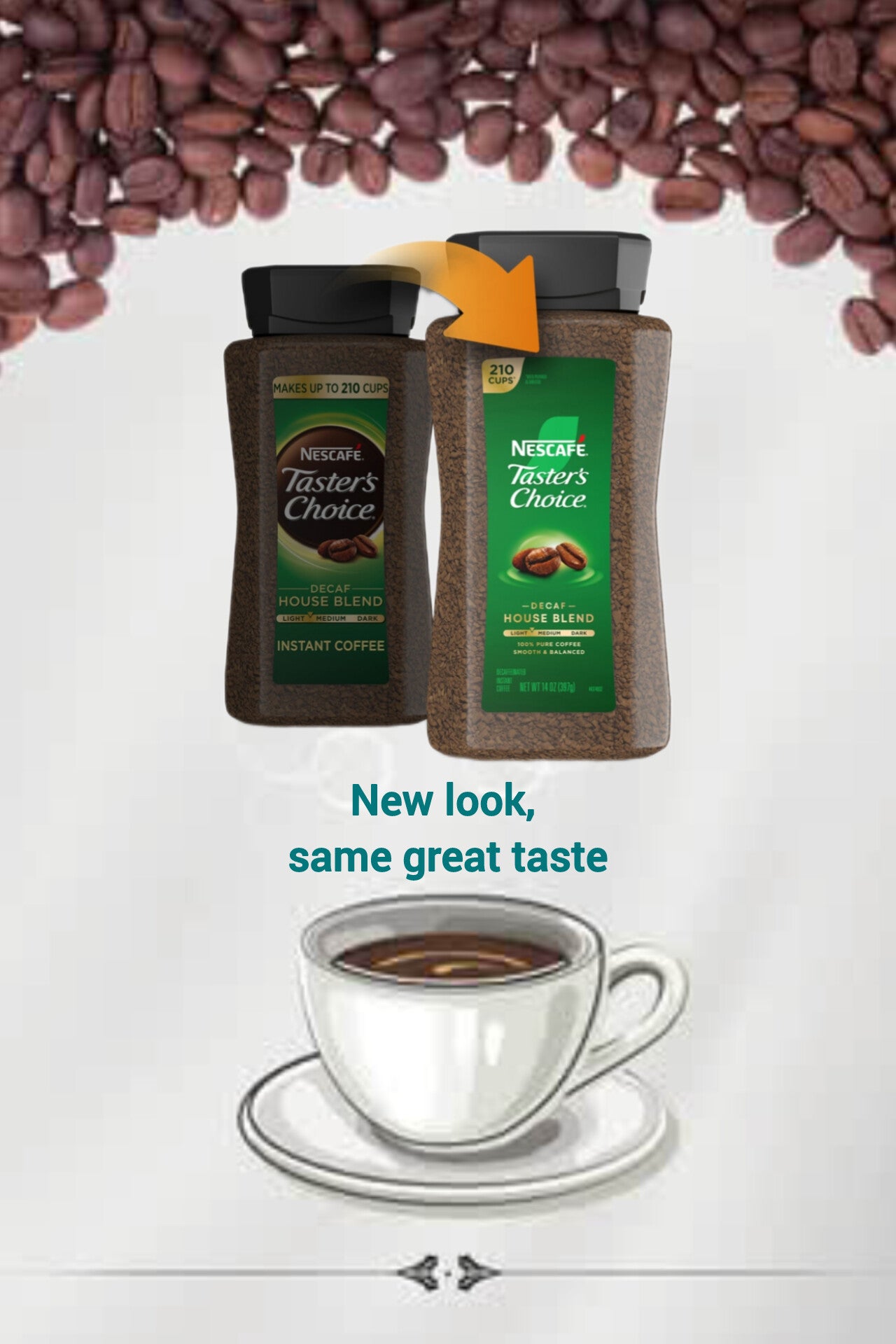 Two NESCAFE Taster's Choice Decaf House Blend instant coffee jars, each containing 210 cups, with text 'New look, same great taste' and 'RESTAURANTE DUKE HOLYCO' branding.