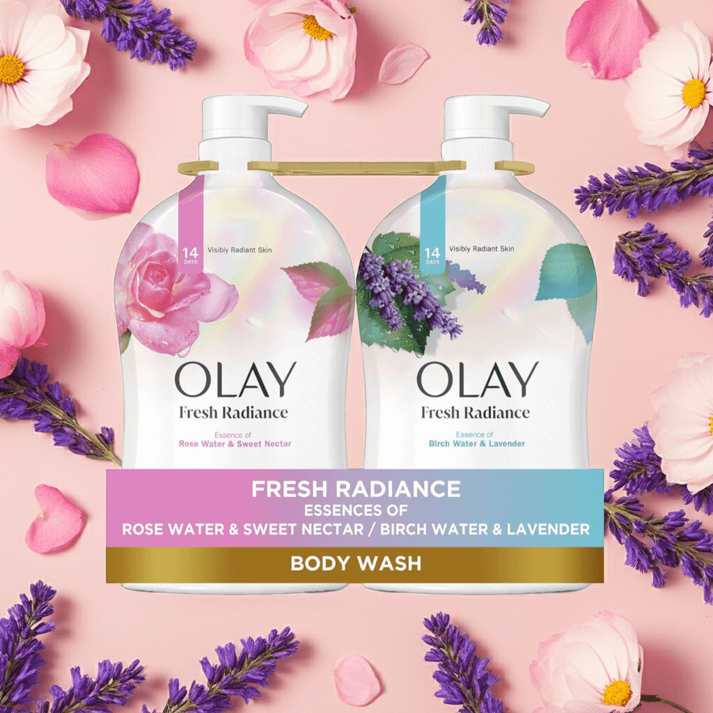 Olay Fresh Radiance Body Wash 2-Pack featuring rose water, sweet nectar, birch water, and lavender for glowing skin.