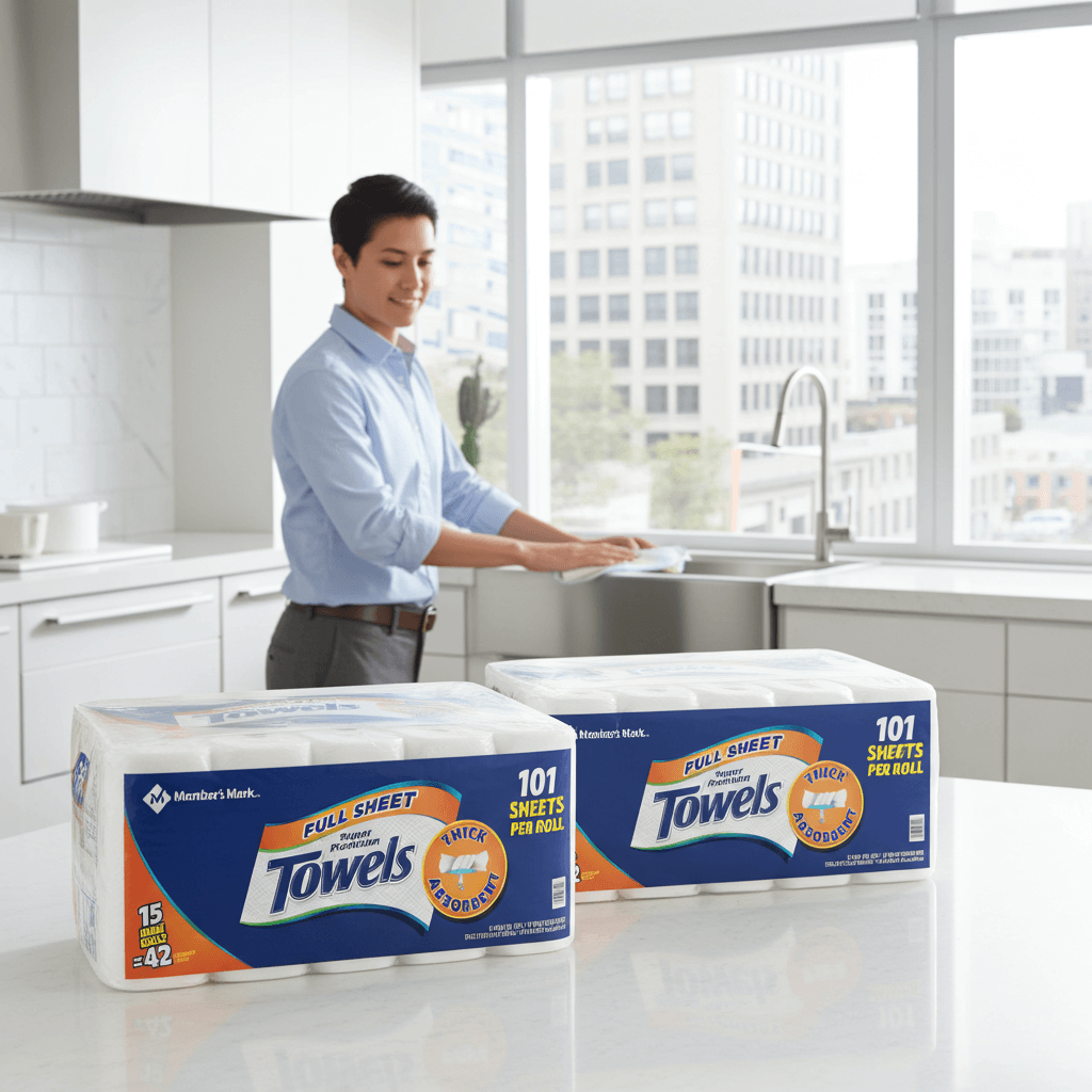 Member's Mark Full Sheet 2-Ply Paper Towel 15 Rolls with 101 sheets per roll, perfect for kitchen cleaning.