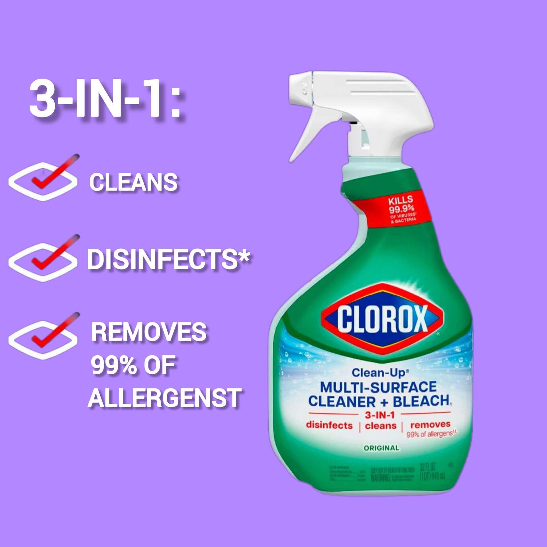 Clorox All-Purpose Cleaner with Bleach spray and refill pack, effective at removing tough stains and disinfecting surfaces.