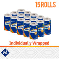 Member's Mark Full Sheet 2-Ply Paper Towel 15 Rolls individually wrapped in a neat stack for easy use.