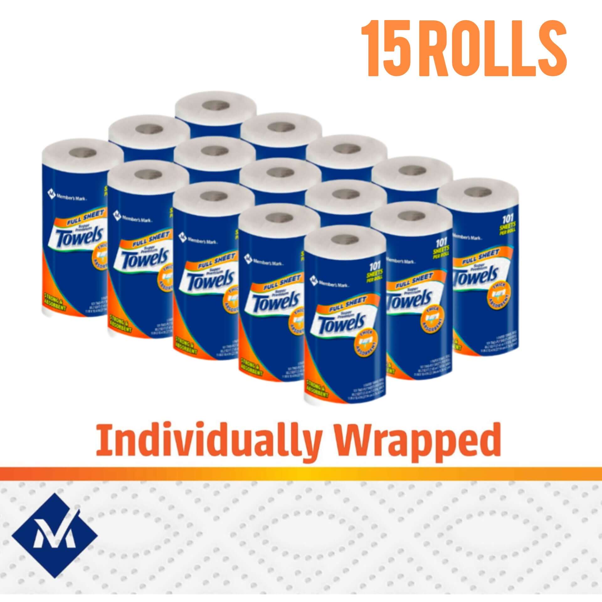 Member's Mark Full Sheet 2-Ply Paper Towel 15 Rolls individually wrapped in a neat stack for easy use.