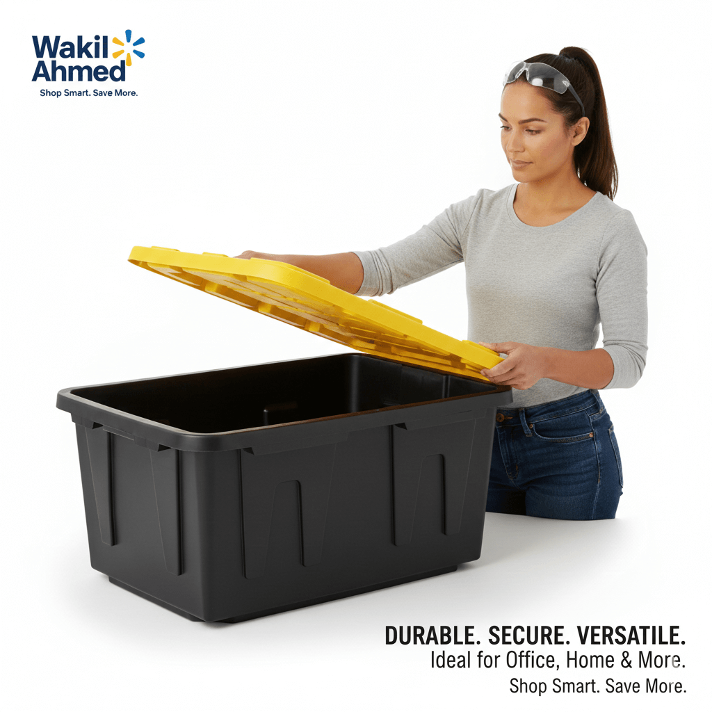 Member's Mark 27 Gallon heavy-duty storage tote with yellow lid, perfect for reliable organization and protection.