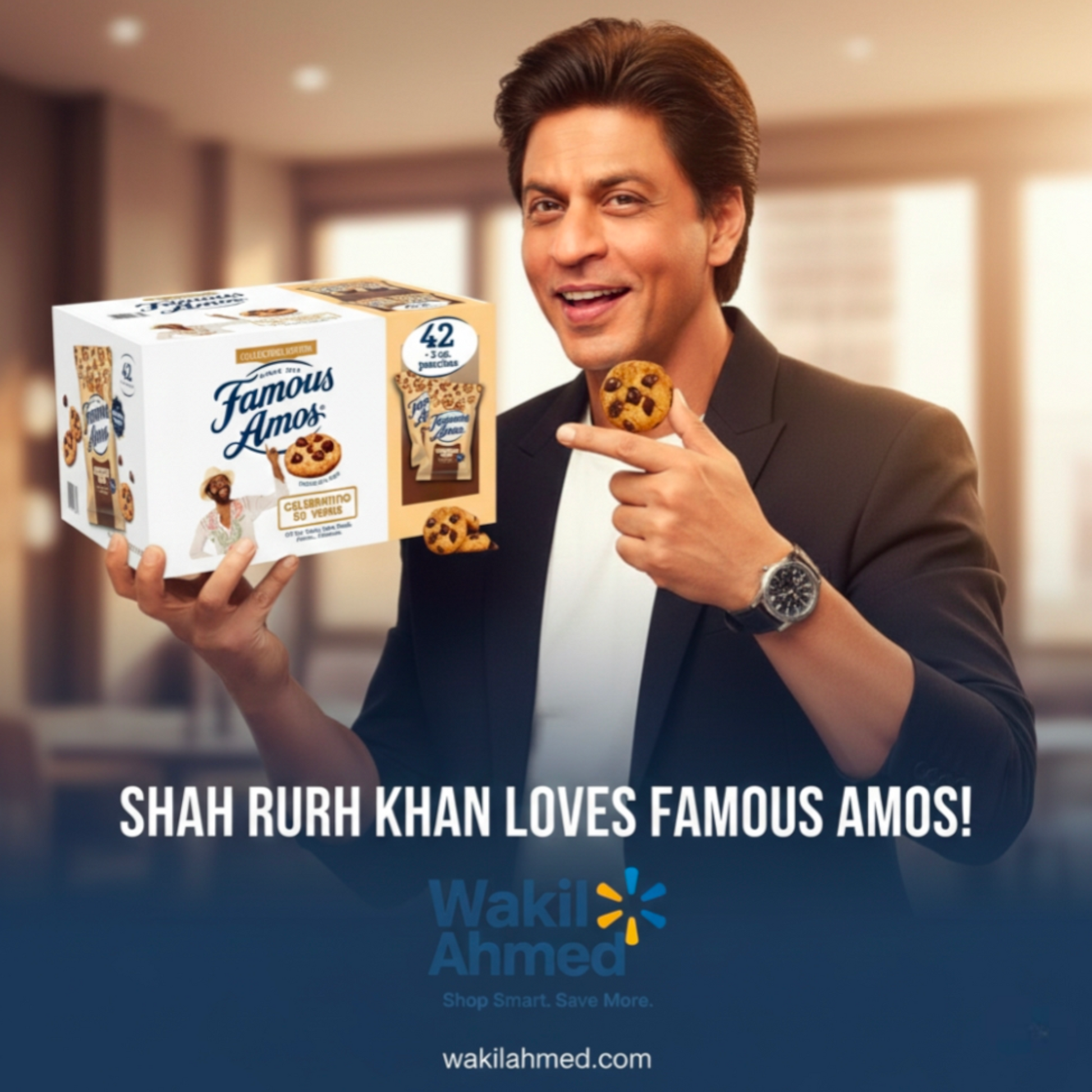 Shah Rukh Khan holding a box of Famous Amos cookies with a blurred indoor background