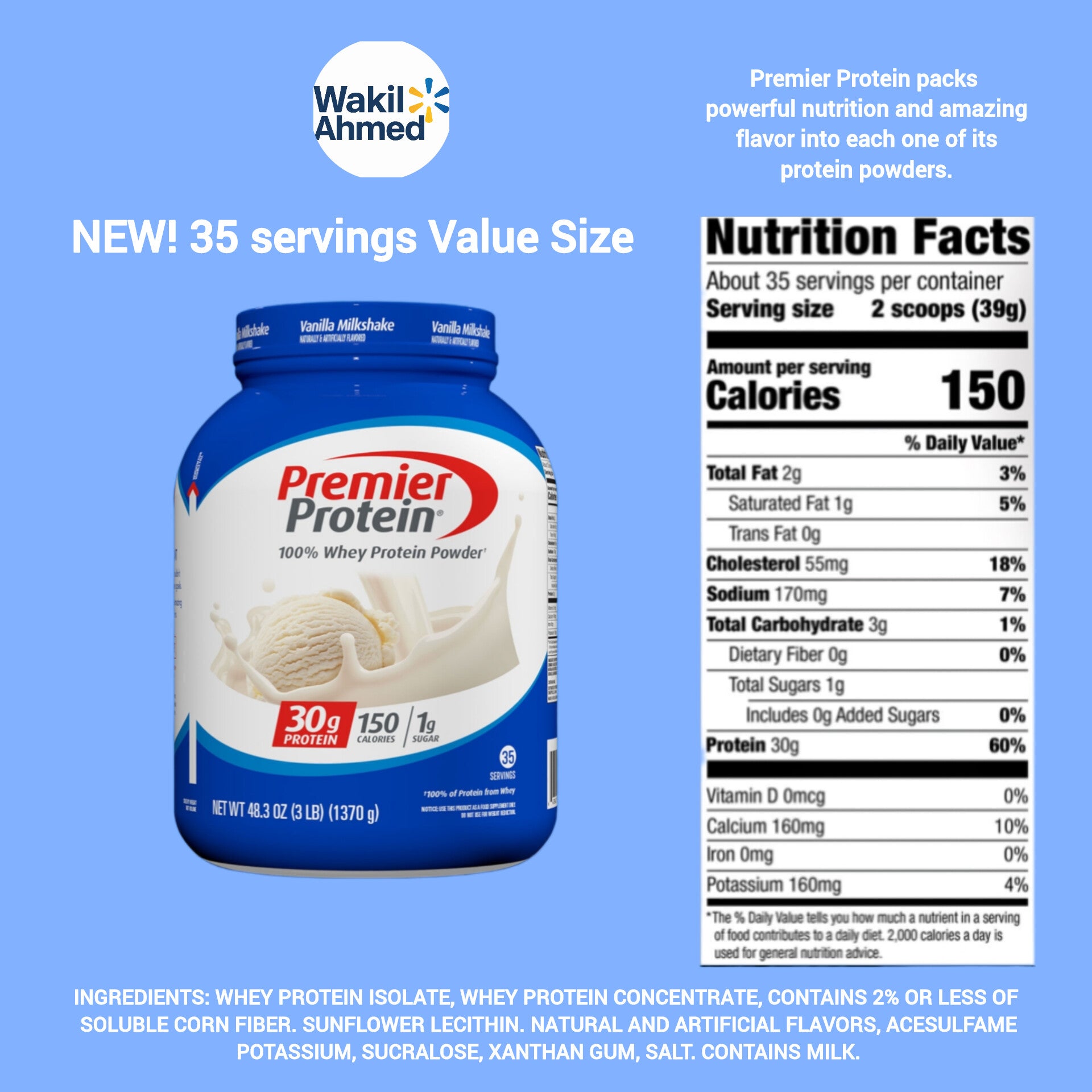 Premier Protein 100% Whey Powder Vanilla Milkshake 3lb 30g Protein 35 Servings
