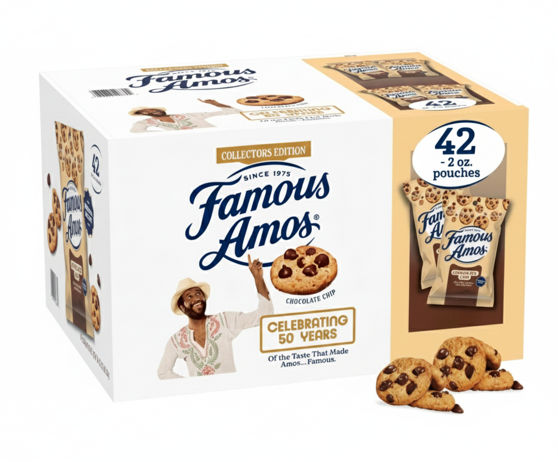 Famous Amos cookie packaging with a collector's edition design on a white background