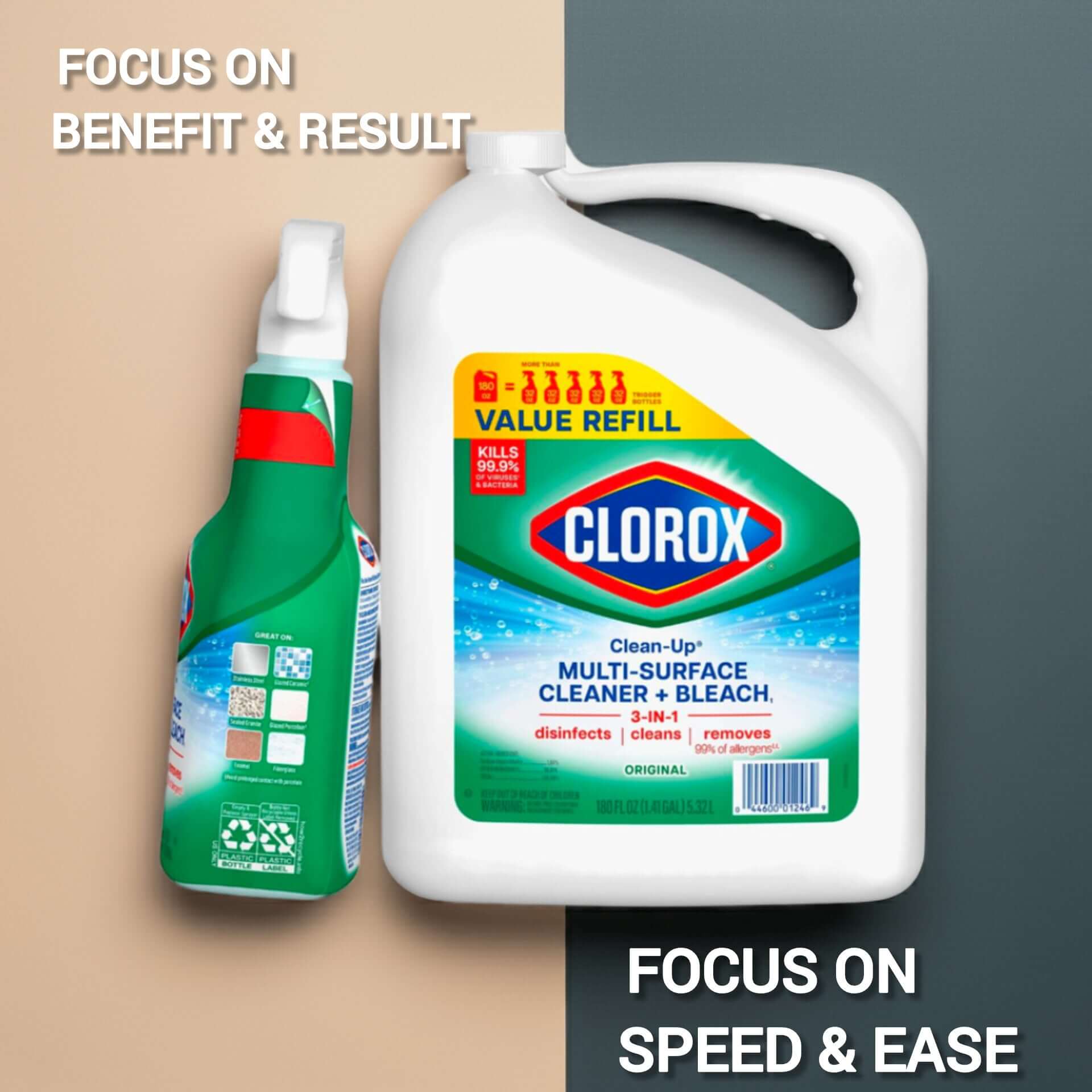 Clorox All-Purpose Cleaner with Bleach spray and refill pack, effective at removing tough stains and disinfecting surfaces.