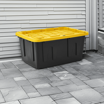 Member's Mark 27 Gallon Heavy-Duty Storage Tote in black with yellow lid, ideal for robust storage solutions.
