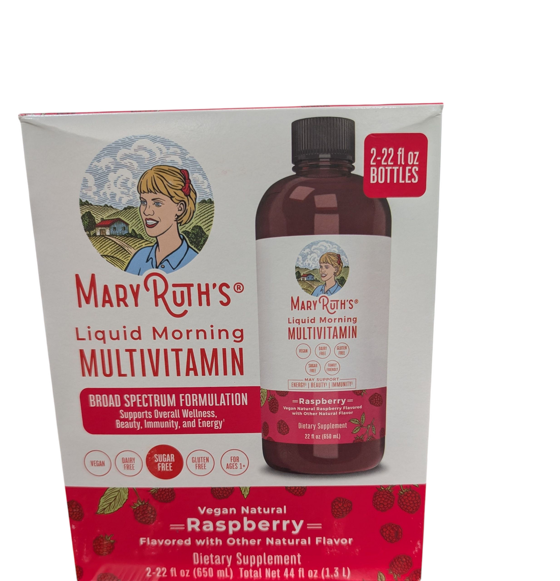 Vegan liquid multivitamin raspberry flavor bottle front view